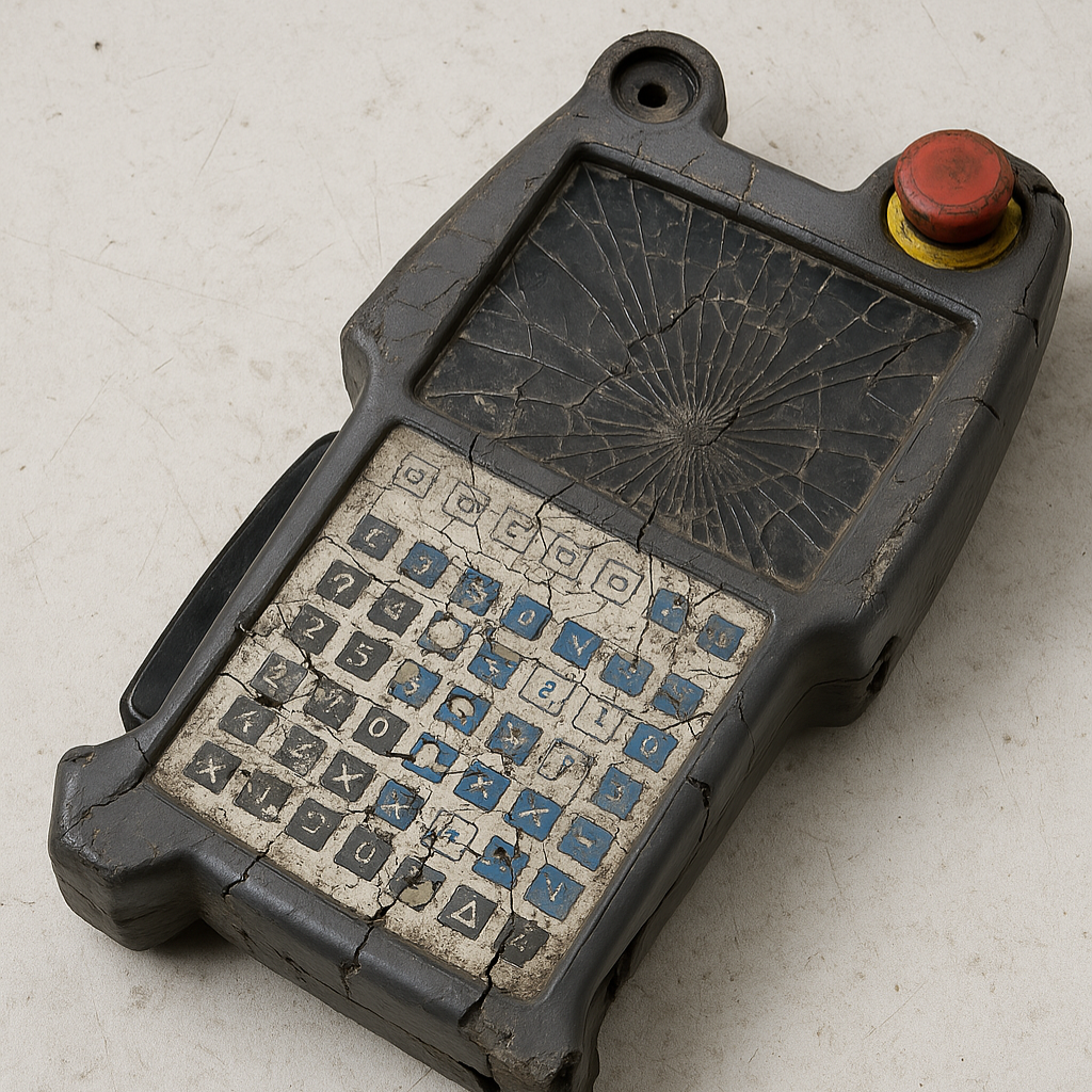 Broken robot teach pendant with cracked screen